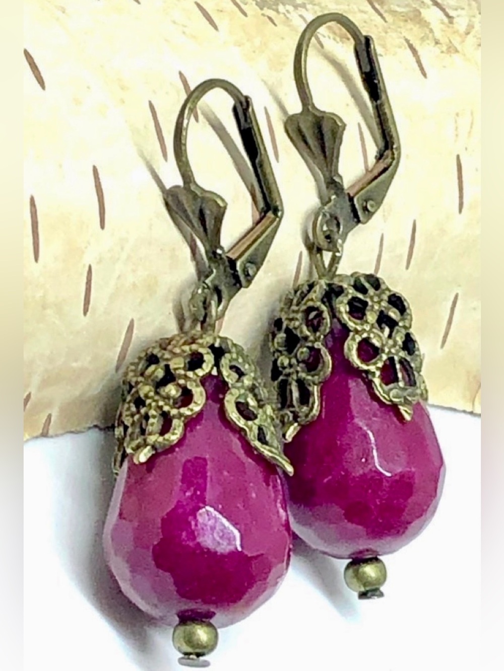 Ruby Jade Stone Faceted Teardrop Ornate Bronze Filigree Lever Back Drop Earrings